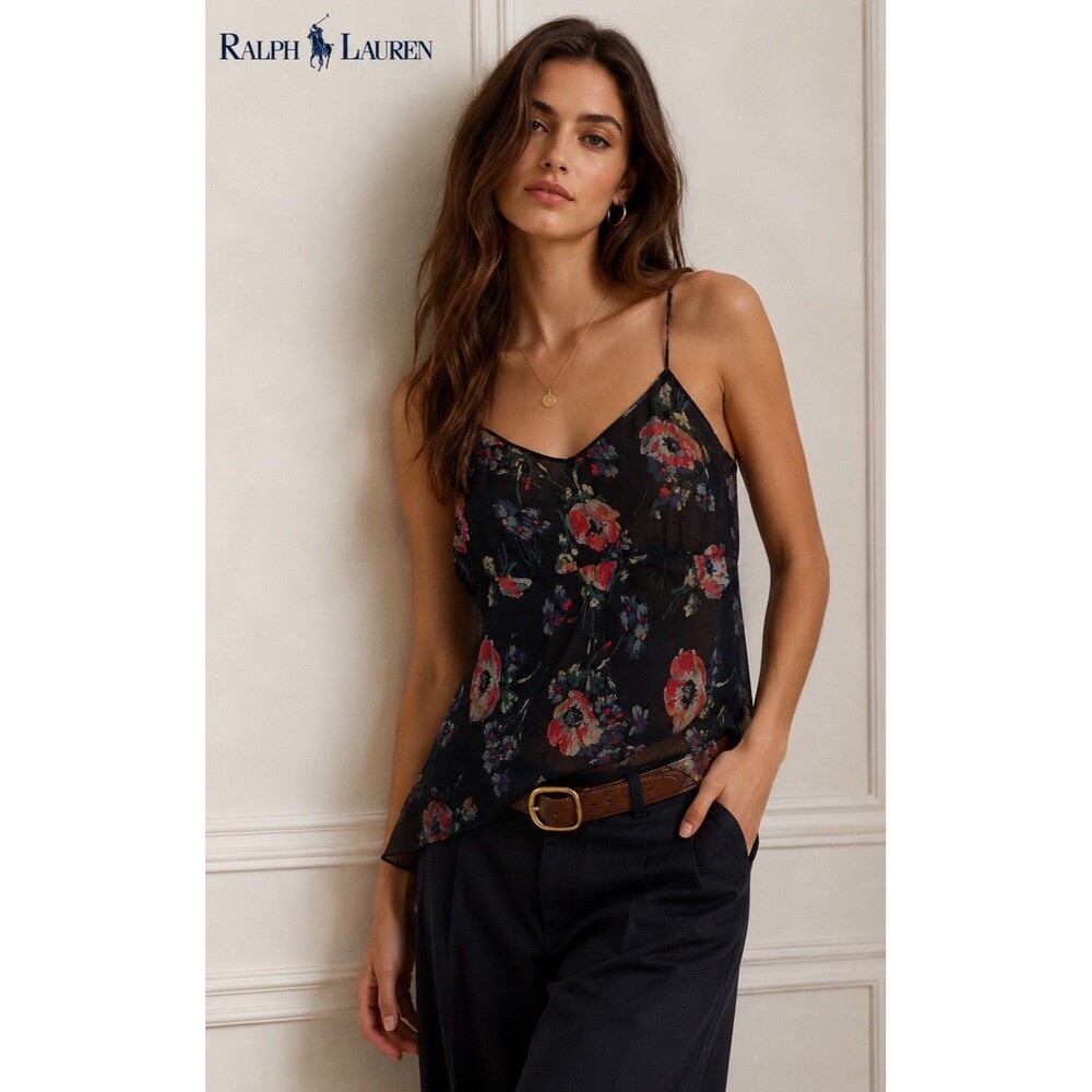 Polo Ralph Lauren Silk Floral Babydoll Cami Top Sheer Strappy Size 8